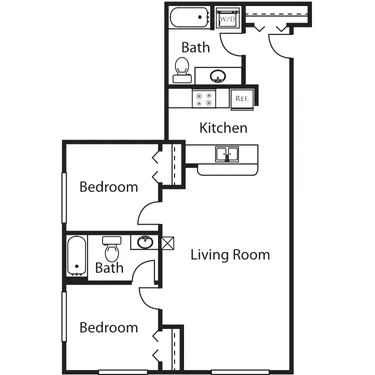 Floor plan for 2 beds, 2 baths, 985 sqft